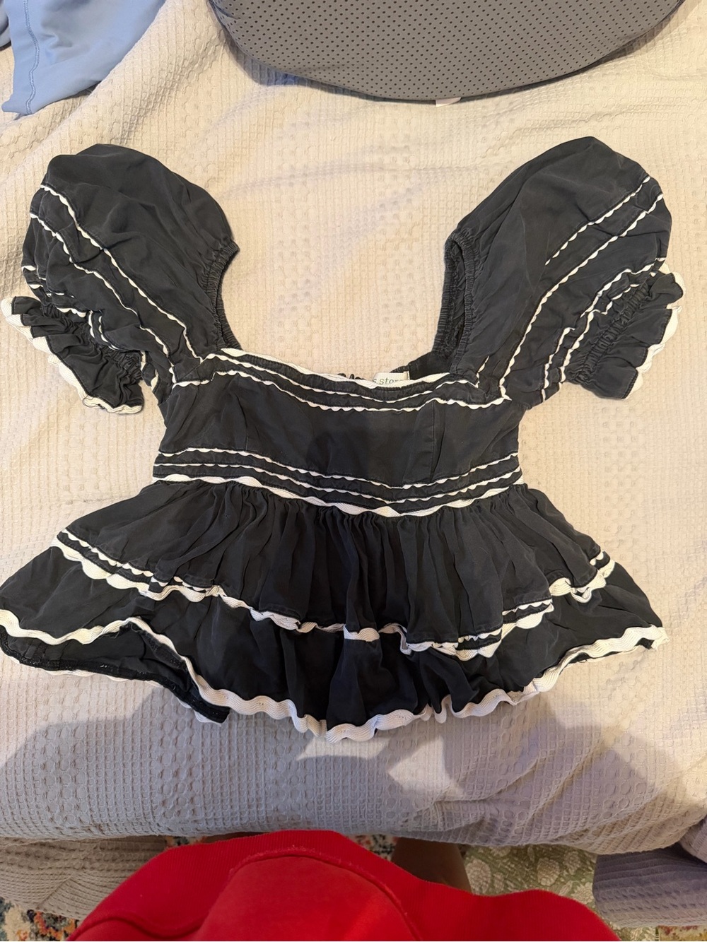 Black Peplum Puff-Sleeve Top with White Trim